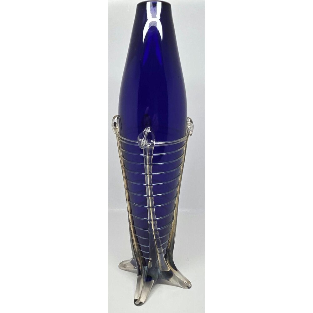 John Cook Studio Art Glass Vase 1996, Signed Cobalt Blue Threaded Glass Vase, Ha